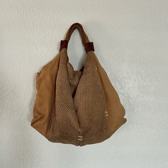 49 Square Miles Nubuck Leather Slouchy Hobo Shoulder Bag Perforated Tan Tote - Picture 7 of 14